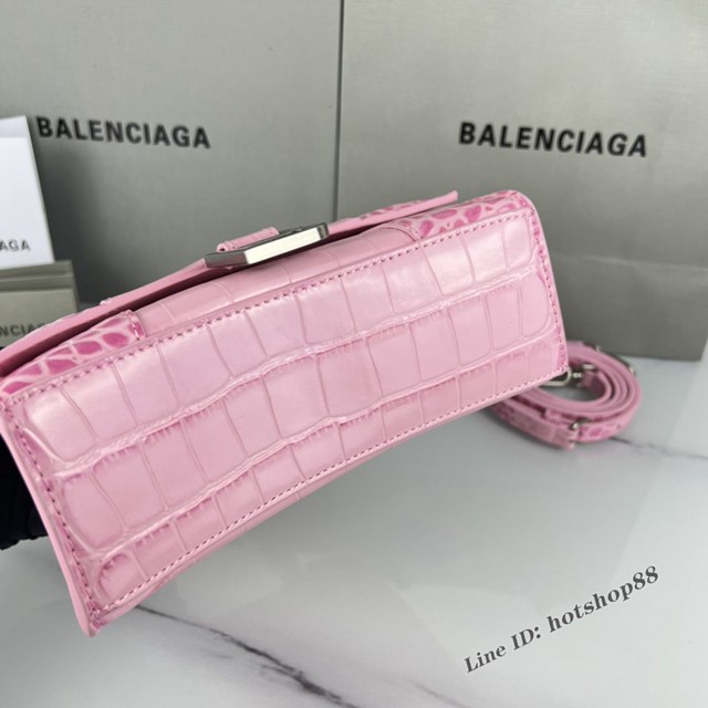 Balenciaga專櫃爆款櫻花粉鱷魚紋銀扣手提女包 巴黎世家原廠xs號Hourglass沙漏包 款號：8896 fyj1196